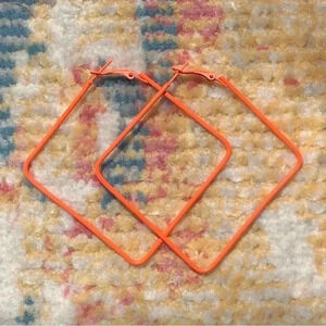 Neon Electric Orange Retro 80’s Large Stainless Steel Square Hoops Earrings NWT